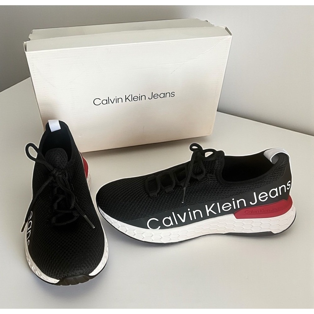 Calvin Klein Sneakers For Women Black W/ White &‎ Red Size 9M Logo Lace Up Amory